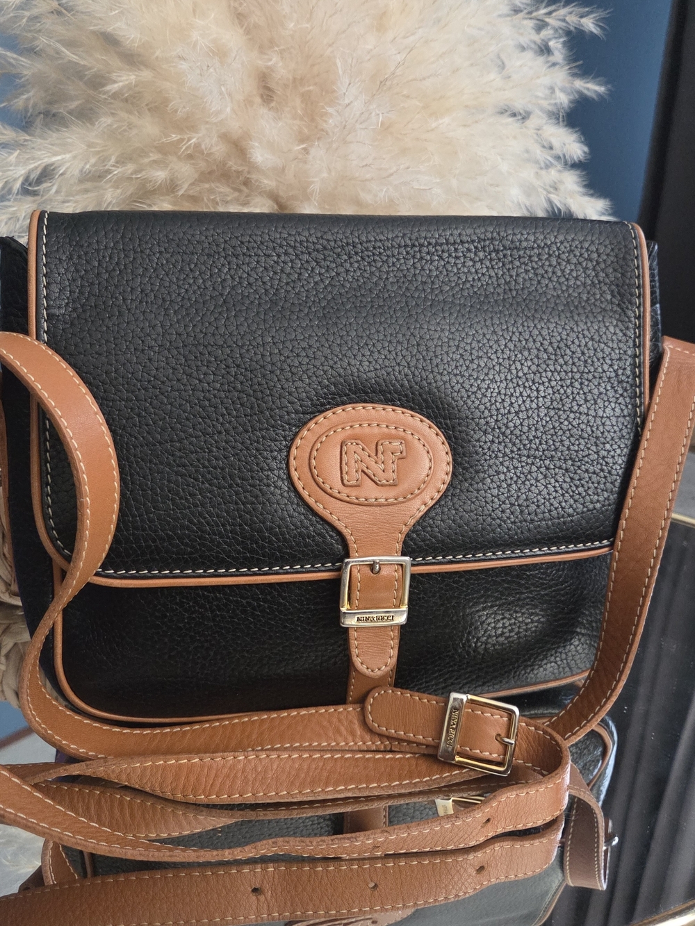 Vintage Nina Ricci Pebbled Leather Saddle Crossbody Made in Italy
